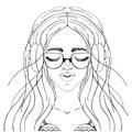 Beautiful girl with headphones on her head listens to music. Black and white illustration for posters and cards. Royalty Free Stock Photo